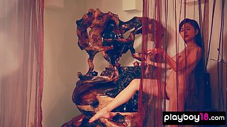 Chinese porcelain doll shows her pussy