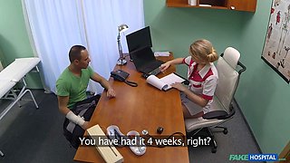 Blonda nurse in full uniform bangs her recent patient - fake medical center