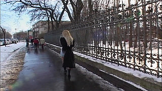 Snowy Exhibitionist Flashes Pussy and Ass in Public