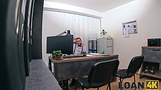 Slender brunette girl comes to her loaner's office to pay him with her body and get fucked