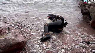 Begging to Be Tied up in 8mm Beuchat - Wetsuit Girl Struggles at the Shoreline