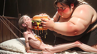 Extremely Skinny Girl Fed by Massive SSBBW - Extreme Feederism Contrast