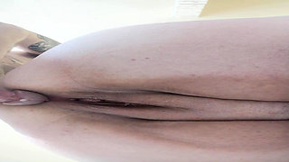 Slicing cum on face, mouth, tits and pussy
