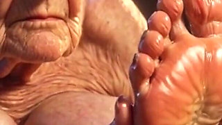 Beautiful Big Wrinkled Feet Oiled up - Oil Dripping From Toes Sensual Massage