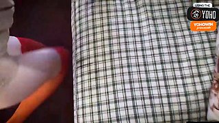 Brunette with enormous natural funbags loves cowgirl