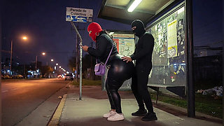 Big Ass Latina in Tight Leather Pants at Bus Stop Strips to Black Leather Thong