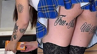 All Natural Big Tits Big Ass Hottest Brunette Babe in the Kitchen with a Short College Uniform Skirt Flashes Panties and Pussy