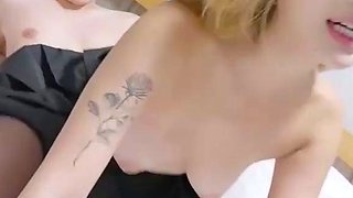 Sexy ash-blonde nymph in ebony undergarments likes a