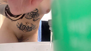 Giantess Gets Watched in Shower Playing with Pussy and Squishes Tiny Man When She Sees Him