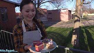 Public agent Asian babe Luna Truelove offers her cream cakes for a creampie