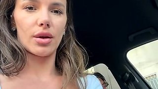Hottie babe teases thick cock in car with sensual stockings play