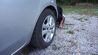 Femdom chick wants to punish him outdoor