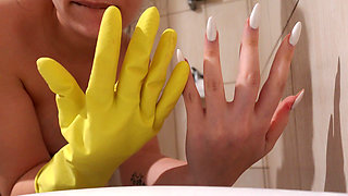 My Indian Pregnant Stepsister Tries Out How to Masturbate in Yellow Gloves While Showering