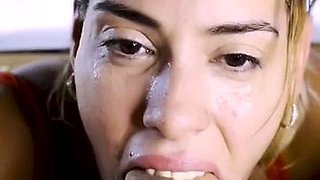 Big tit brunette sucks a big cock blowjob POV