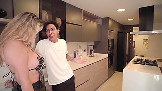 Redhead busty Latina caught her bf fucking her stepmom on the kitchen