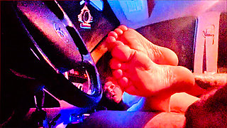 My neighbors hot redhead wife sneaks out to my truck again for some awesome foot job action.