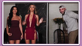 Girls scissoring smut with smiling Damon Dice and Ameena Green from Bellesa Films