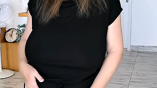 Hot Busty MILF Teasing in Black Stockings and High Heels Shoes and Do Blowjob