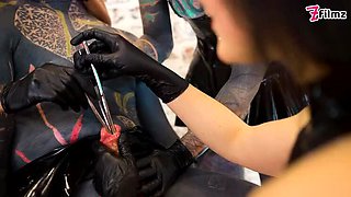 Latex Femdoms Dominate Tattooed Slave – Urethral Sounding, Ureta Fingering, Dominatrix