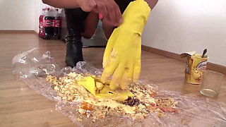 High Heeled Brunette Throttle Food and Smoking Cigarettes