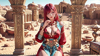Red Queen in the Desert! Lazy Afternoon in the Golden Palace, Backless Dress slightly damp.