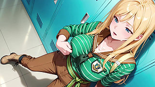 She sips beer while fixing her apron, revealing creamy cleavage.
