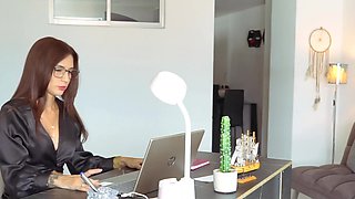 Hot Latina redhead secretary getting fucked on an office desk in ripped pantyhose