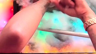 Hot blonde strokes and sucks black cock in glory hole