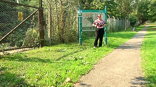 Short and thick brunette outdoor pising and public flashing