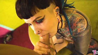 Goth queen teases petite melons & nips then takes aggressive doggystyle, cascading facial