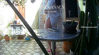 Hotwife in lingerie in winter garden sensualizing