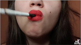 Natural Big Lips With Red Lipstick Smoking