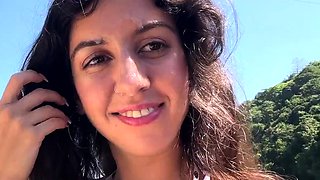 Walking with hot cum on my face on a public beach full of