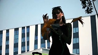 Amateur brunette in latex lingerie fucks hardcore in kitchen