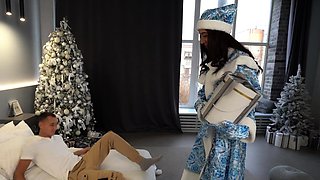 Sexy Snow Maiden wishes Merry Christmas and agrees to a