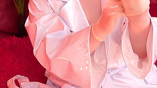 The Nurse Seduces You by Playing with Her Pussy in Front of You. Curvy MILF Wearing Pvc Coat and Medical Mask