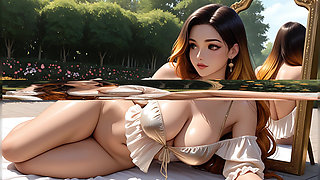 Beautiful Nude Woman with Chestnut-to-gold Ombre Hair in Jasmine Garden