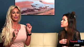 Voyeur cougar and babe tease guy who wanks penis for them