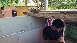 Horny Stepsister Calls Her Husband's Stepcousin From the Bathroom to Have Him Fuck Her