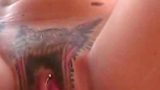 Tattooed blonde Tabitha James rides her friend's big cock