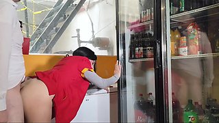 Hot big booty Latina cashier girl fucks with her store's boss amidst the shelfs with products