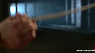 Tied up submissive busty MILF in latex gets her throat and anal hole smashed