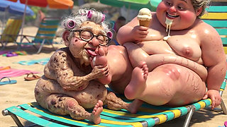 Elderly Granny Passionately Sucking BBW Feet on the Beach