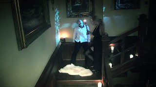 Busty babe fucked on the stairs by her friend's boyfriend.