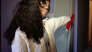 Cute Brunette Blows a Hot Cock on the Toilet