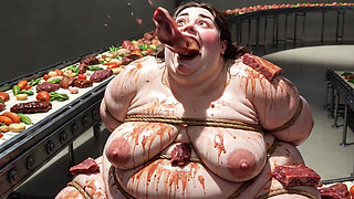Humiliated BBW Slave Tied and Stuffing Her Belly Deep