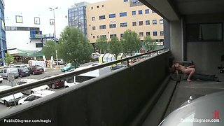 Shaved pussy Euro babe fucked in public