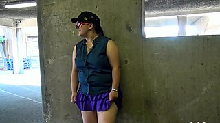 Short and thick brunette outdoor pissing and public flashing