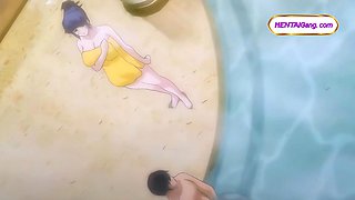 Tender maid guides shy virgin boy into a steamy bath