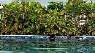 Sperm Floating in the Pool, Hard Sex in the Water, Double Orgasm.